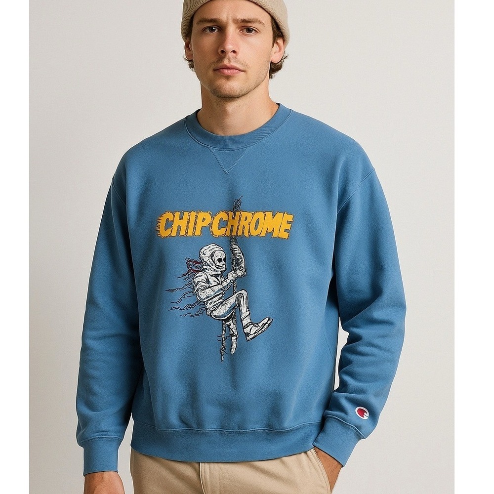 Chip‎ Chrome Graphic Sweatshirt Champion Crewneck Mens M Blue Skeleton Band Tee